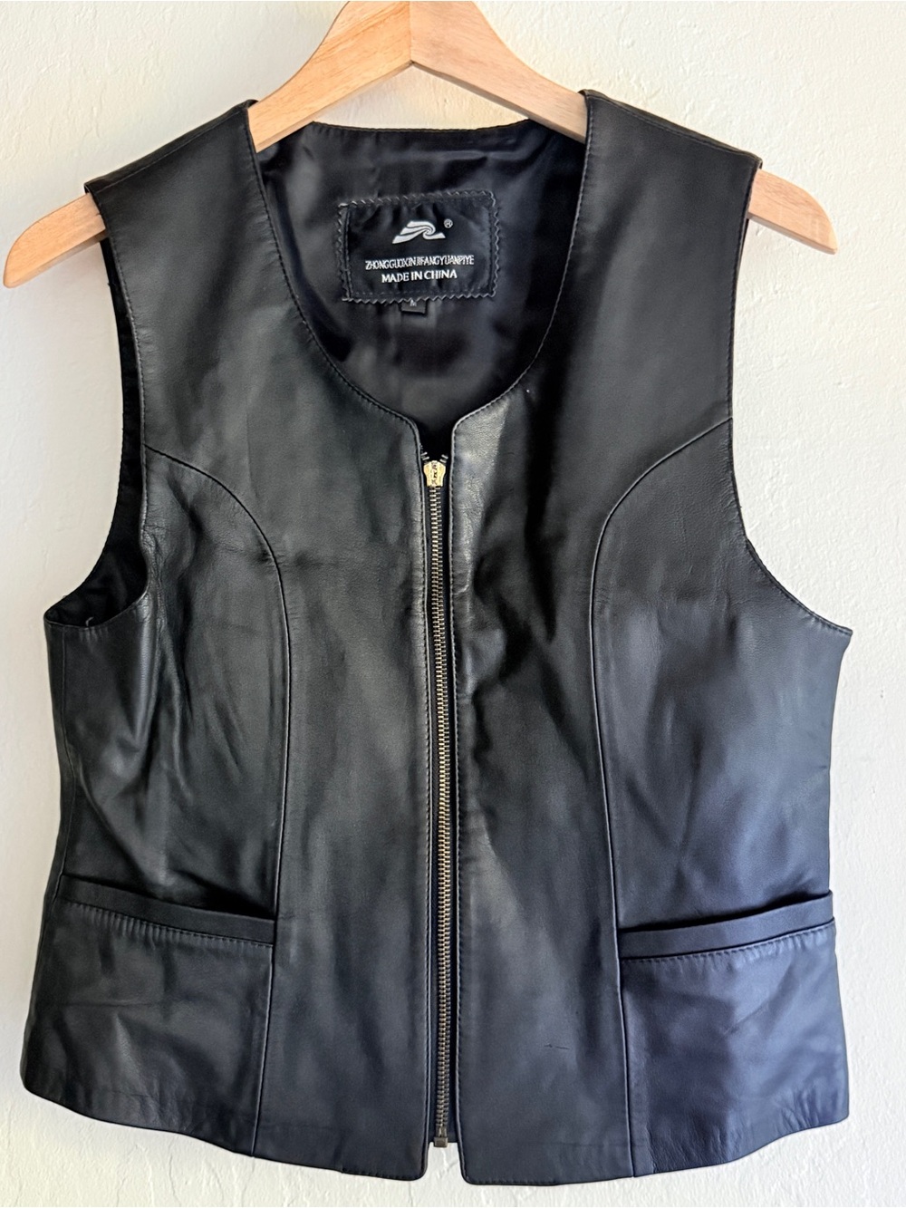 Black Genuine Leather Fitted Zip Front Moto Vest Women Size M